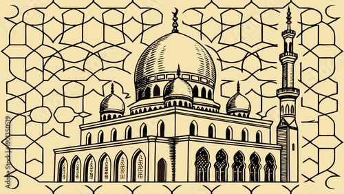 Islamic architecture and geometric patterns with mosque silhouette. ramadan kareem greeting card design, eid mubarak illustration, or other islamic holidays or events