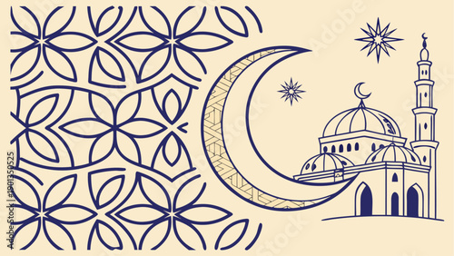 Ramadan kareem vector design with mosque, crescent moon, stars, and islamic geometric patterns. ideal for eid mubarak greetings
