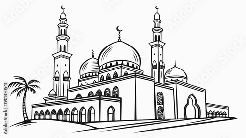 Islamic mosque architectural design with minarets domes and arches detailed sketch vector illustration mosque building exterior landscape architectural art