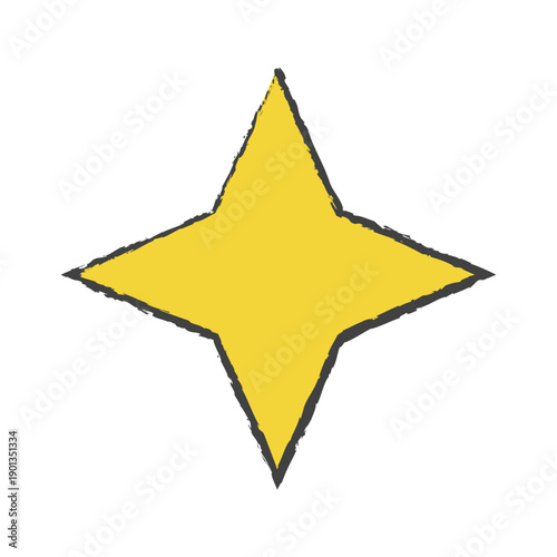 Hand drawn yellow four point star with diamond shape and rough crayon outline. Simple doodle spark with soft handmade edges and painted texture. Decorative star icon for stickers, collage design, kids