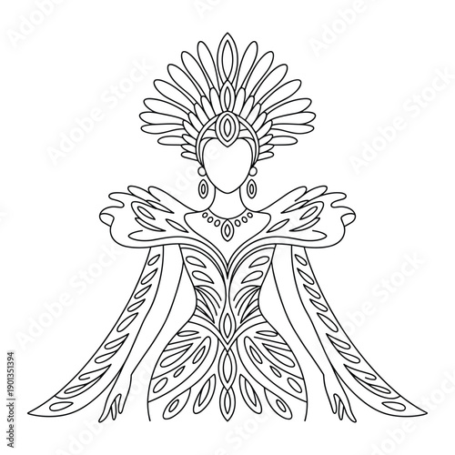 Elegant abstract line art illustration of a regal woman wearing a feathered headdress and ornate gown