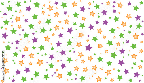 A festive scattering of vibrant green purple and orange stars on a white background