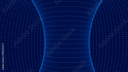 An abstract geometric figure constructed from a light coordinate grid against a rich blue background. The central area gently compresses, creating an effect of spatial tension and a smooth curvature