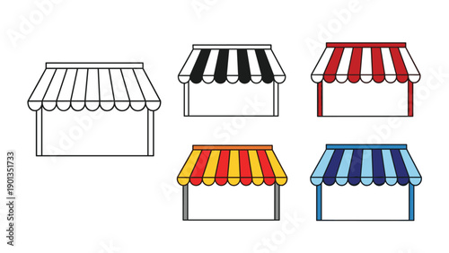 Colorful market stalls line a street with striped canopies in red blue yellow and black creating a lively outdoor shopping scene.