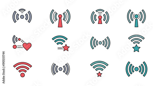 Collection of wireless network icons showing signal waves in teal and red with heart and star symbols arranged in a grid pattern for illustration assets.