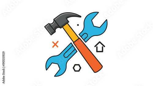 Crossed hammer and wrench with small repair icons depicting home maintenance and do it yourself projects in a bright stylized construction scene.