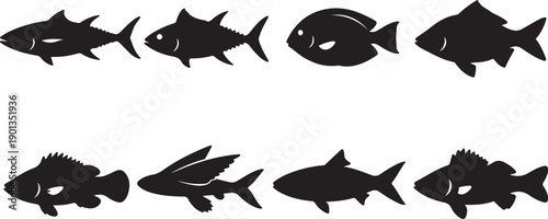 Fish Silhouette Vector Collection: 8 Detailed Marine and Freshwater Icons (Tuna, Perch, Flying Fish). Ideal Logo Elements for Fishing, Aquaculture, Seafood Packaging, and Ocean Life Design