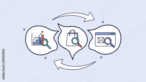 Online shopping analytics illustrate growth charts a shopping bag and inbox connected by arrows showing cross-channel engagement and digital commerce trends.