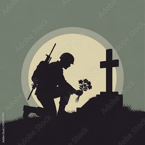 soldier kneeling at grave with flowers and cross