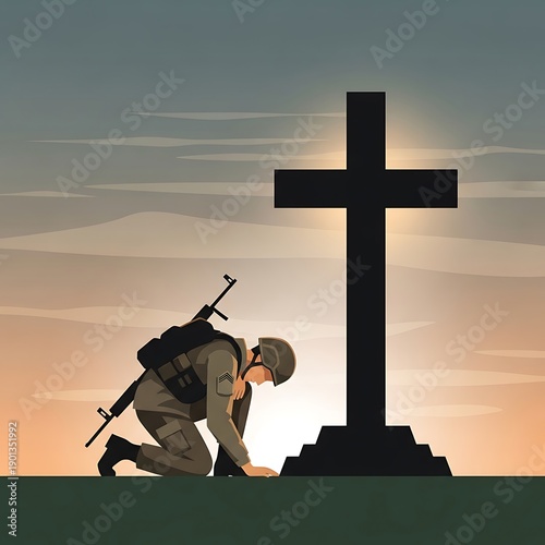 soldier kneeling in front of a cross