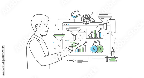 Vector illustration of a scientist analyzing data and graphs, lab workflow or infographic elements, for presentation or website, isolated on transparent background, png