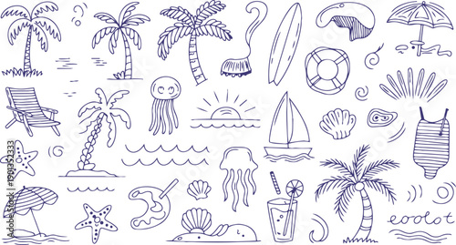 Hand Drawn Summer Beach Vacation Doodle Set Vector Illustration