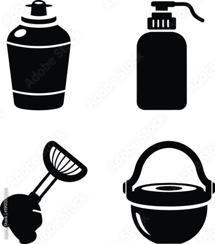 Set of black flat vector icons for sustainable living featuring eco friendly soap dispensers, a cleaning brush, and a reusable metal container.