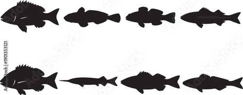 Ultimate Collection of 8 Diverse Fish Silhouettes Vector Illustration Set: Perfect Black Icons for Fishing Logos, Seafood Menus, Aquaculture Branding, and Outdoor Sports Graphics