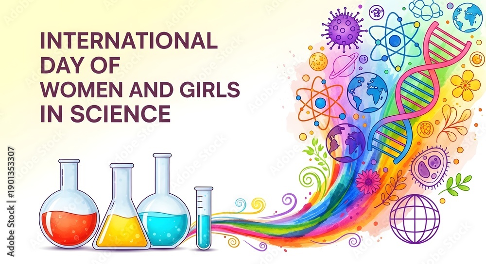 Fototapeta premium International day of women and girls in science with colorful beakers and dna