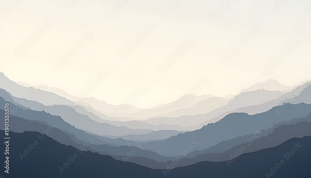 Obraz premium Serene mountain range layered in soft blue and white hues under a pale sky