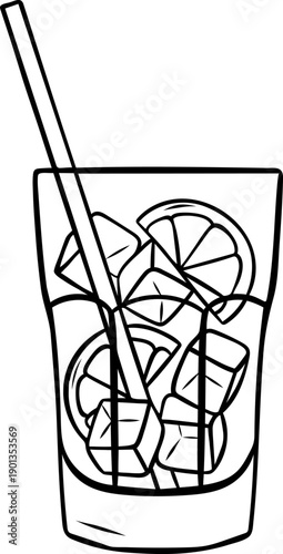 Whiskey cocktail with ice and lemon slice, simple black and white icon. Doodle and sketch style alcoholic drink for menu or bar design