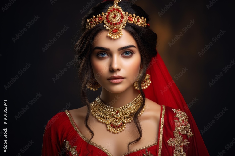 Fototapeta premium Indian woman posing confidently wearing a traditional red lehenga and elaborate golden jewelry