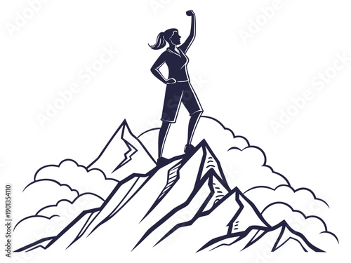 Silhouette of determined woman reaching mountain summit celebrating successful achievement illustration