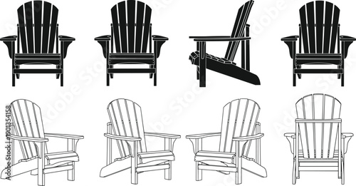 Vector illustration of Adirondack chairs shown in eight views, including black silhouettes and detailed line drawings, highlighting slatted back, wide armrests, and angled seat design.