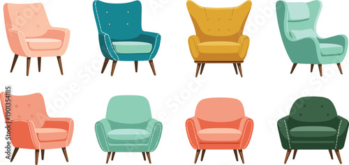 Vector illustration of eight colorful armchairs in two rows, featuring unique designs, wooden legs, varied backrests, cushion styles, and modern interior furniture concepts.