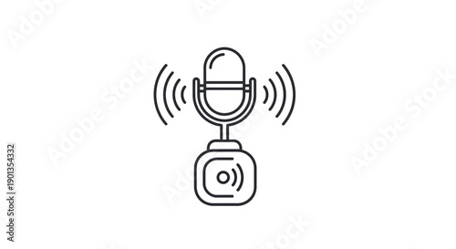 Minimalist line art icon depicting a broadcasting microphone with sound waves emanating outwards for digital audio transmission concepts.