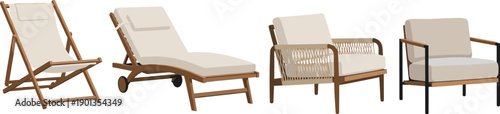 Vector illustration of four outdoor lounge chair styles including folding deck chair, chaise lounge with wheels, woven rope frame, and modern wood‑metal design with beige cushions.