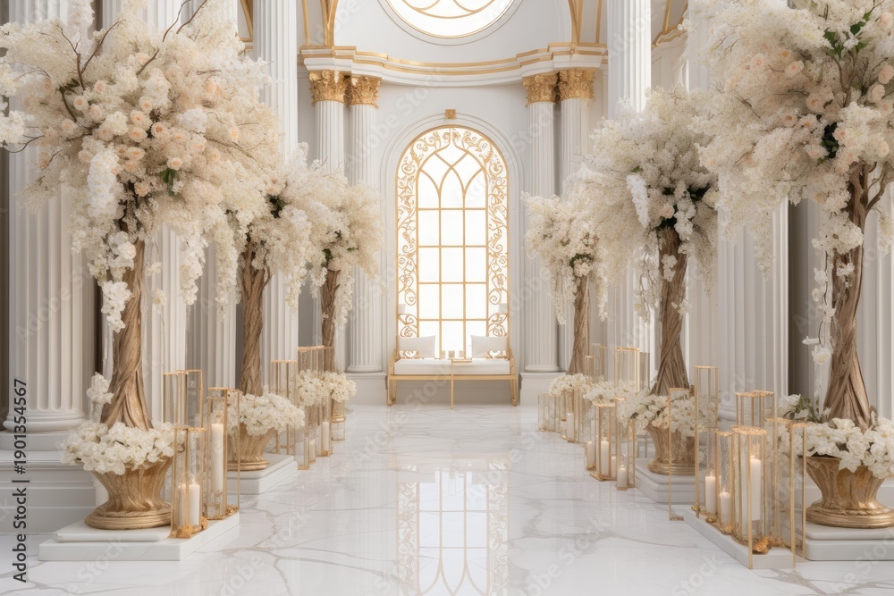 Naklejka premium Elegant wedding venue featuring floral arrangements, golden accents, and glowing candles in a bright hall