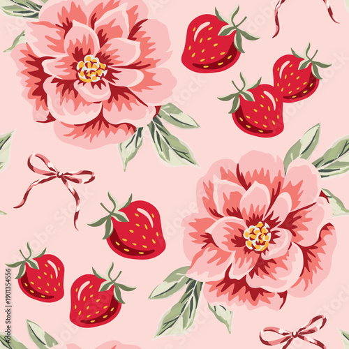 Pink rose flowers, green leaves, strawberries, bows, blush background. Vector floral illustration. Seamless pattern. Summer garden nature. Botanical design