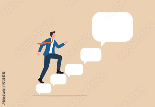 Advice, discussion talking, guidance, tips or suggestion for business success, help, wisdom, feedback to help develop improvement concept, businessman walk up speech bubble as stair to reach success.