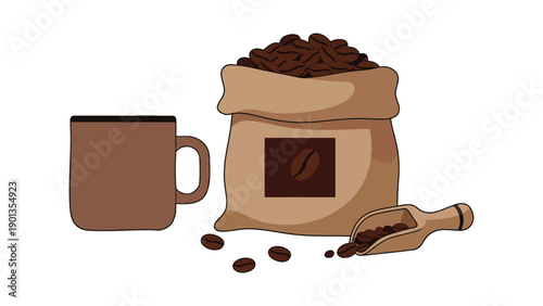 Brown coffee beans in a bag with a cup and scoop