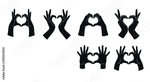 Collection of black silhouette hands forming various heart shapes