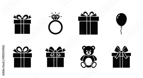 Black silhouette icons depicting gifts a ring balloon and teddy bear