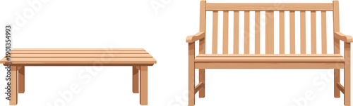 Vector illustration of light wooden coffee table and slatted bench with armrests, designed for outdoor or garden use, highlighting simple, sturdy furniture concepts.