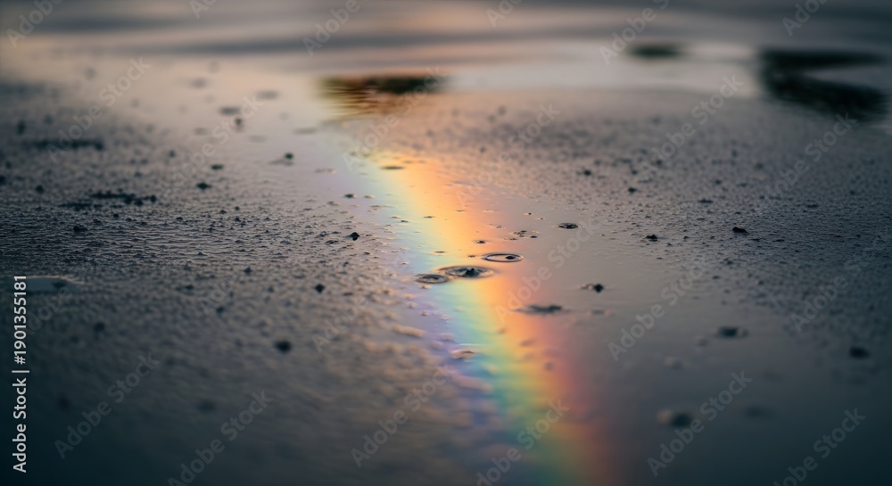 Obraz premium Vibrant rainbow appears on wet sand after rain shower