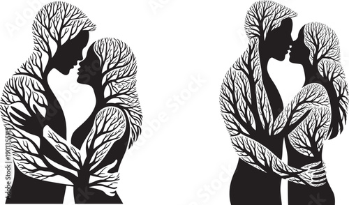 Couple silhouette with tree branches hugging  love and nature harmony