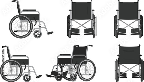 Vector illustration of manual wheelchair shown in six views including side, front, rear, and angled perspectives, featuring large wheels, hand rims, armrests, and footrests.
