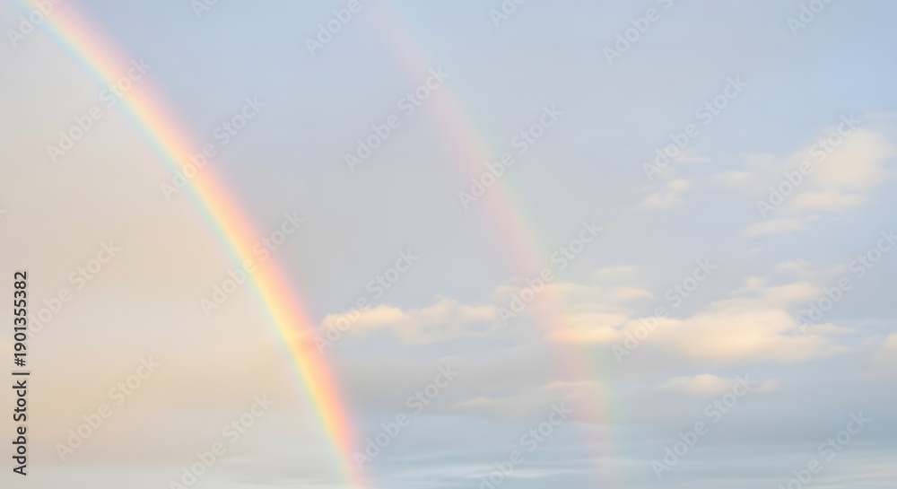 Obraz premium Vibrant double rainbow in cloudy sky with warm sunlight
