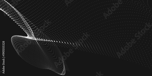An abstract black and white dynamic wave. Streams of bright dots form smooth waves against a dark background. The radiating light creates a sense of depth and elegance. Futuristic 3D dot wave.