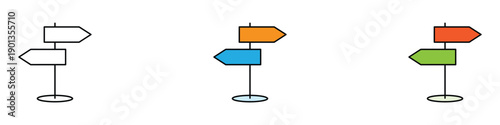 Direction sign icon vector. Colorful and outline road pointer collection, navigational wooden signboard symbol. Vector illustration.