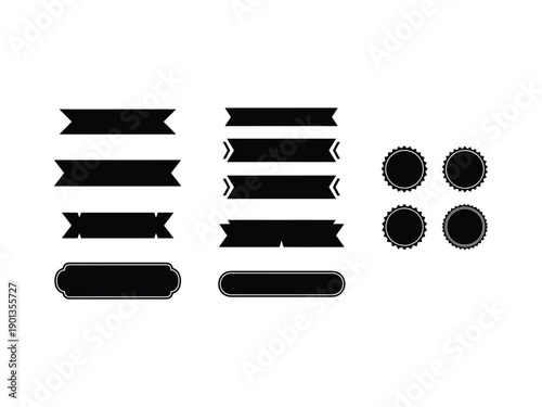 Set of black vector elements including ribbons, labels, and circular badges for decorative or informational use.