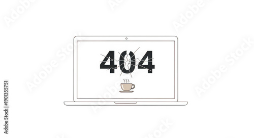 404 error page on laptop computer screen with cracked display and coffee cup transparent background