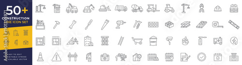 Construction icon set featuring thin line vector icons for architecture, building, engineering, heavy machinery, tools, home renovation, and industrial project workflows