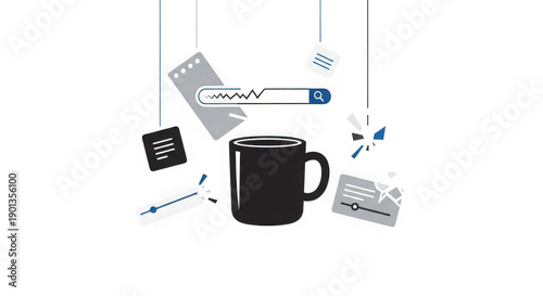 Black coffee mug with floating office supplies and search bar icons around it transparent background