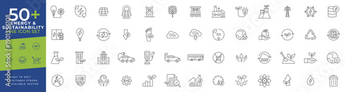 Energy and sustainability icon set featuring thin line vector icons for renewable power, green technology, environmental conservation, climate action, and global ecology
