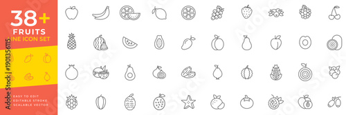 Fruits icon set featuring thin line vector icons for organic food, healthy lifestyle, agriculture, grocery shopping, nutrition, and tropical garden produce