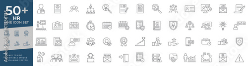 HR icon set featuring thin line vector icons for human resources, recruitment, talent management, career development, employee hiring, and workforce planning