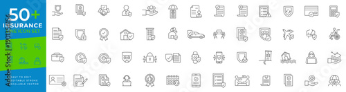 Insurance icon set featuring thin line vector icons for life, health, property, car, travel, and business protection, risk management, and financial security