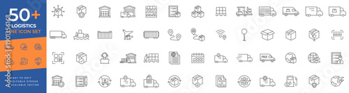Logistics icon set featuring thin line vector icons for shipping, delivery, warehouse management, global transport, freight distribution, and supply chain services