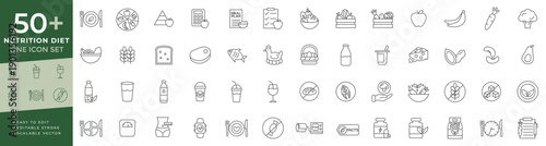 Nutrition diet icon set featuring thin line vector icons for healthy eating, meal planning, weight management, balanced nutrition, food pyramid, and wellness tracking